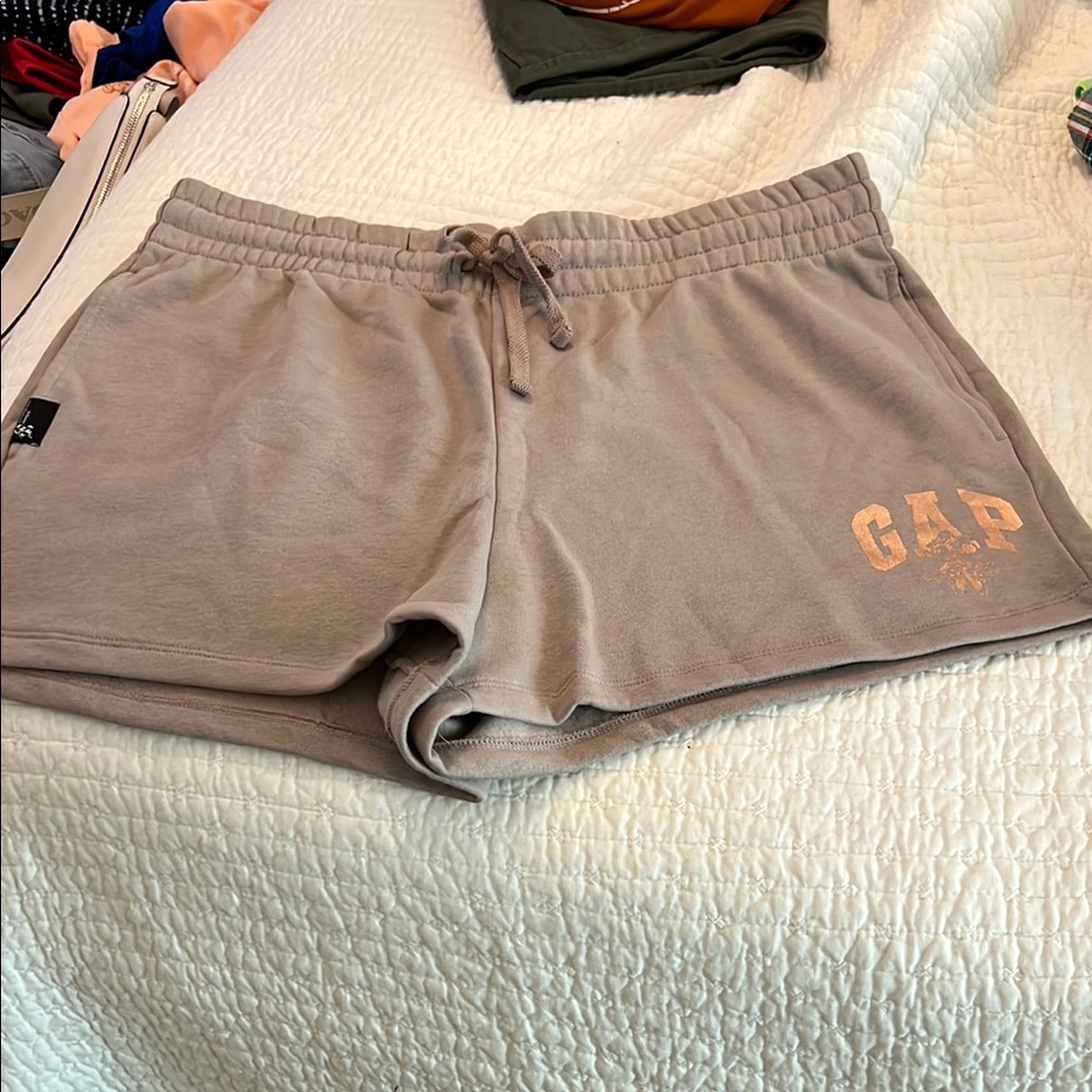 GAP Women's Athletic Shorts in Taupe with Pink Disney Logo